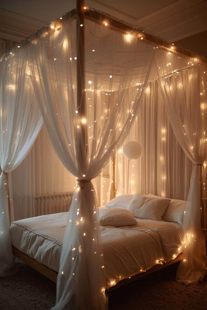 Canopy bed with sheer curtains and fairy lights creating a dreamy warm glowing cocoon effect