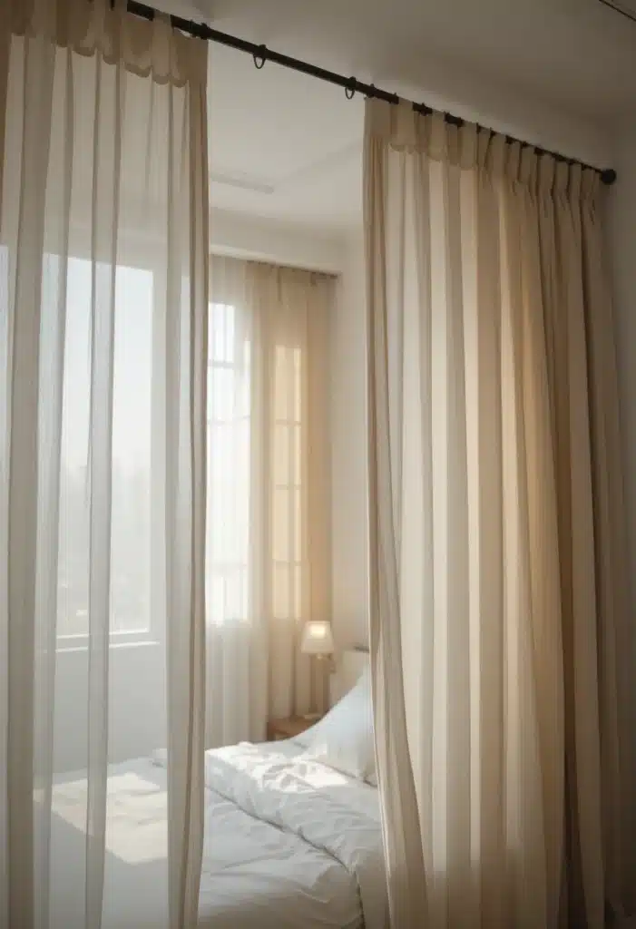 Sheer linen ceiling curtains partially drawn revealing warm bed in cozy minimalist bedroom