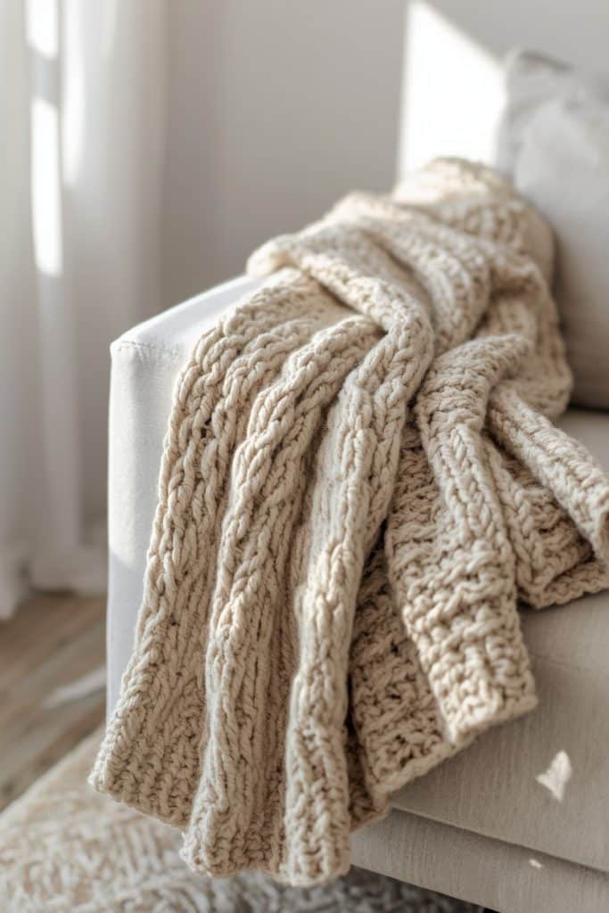 Oatmeal chunky knit throw draped over sofa arm in soft natural light for cozy living room decor