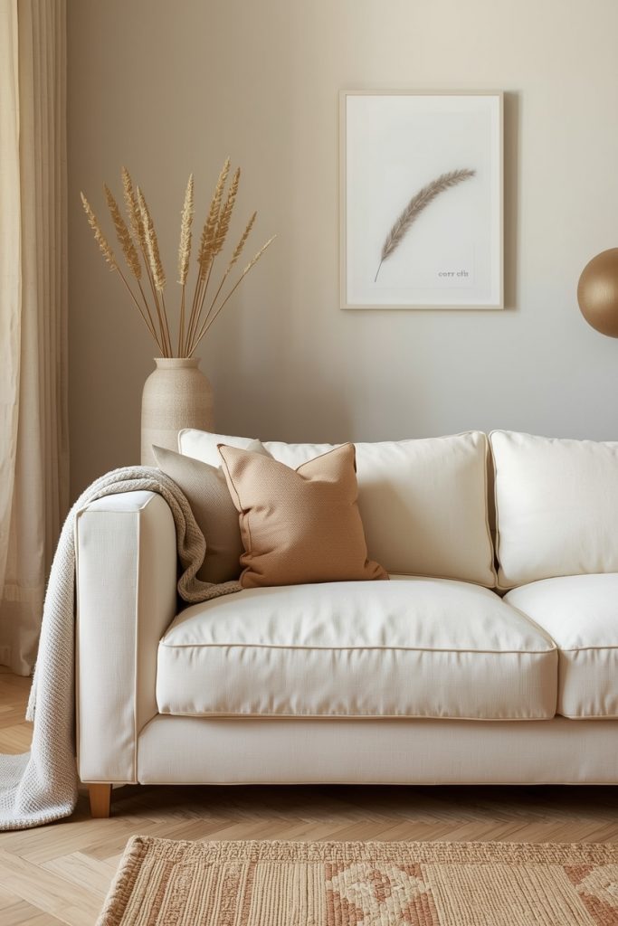Deep cream sofa with soft cushions and throw in warm natural light cozy living room view