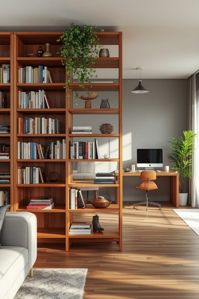 Open bookshelf divider styled with books and plant, separating living area from studio in warm natural light