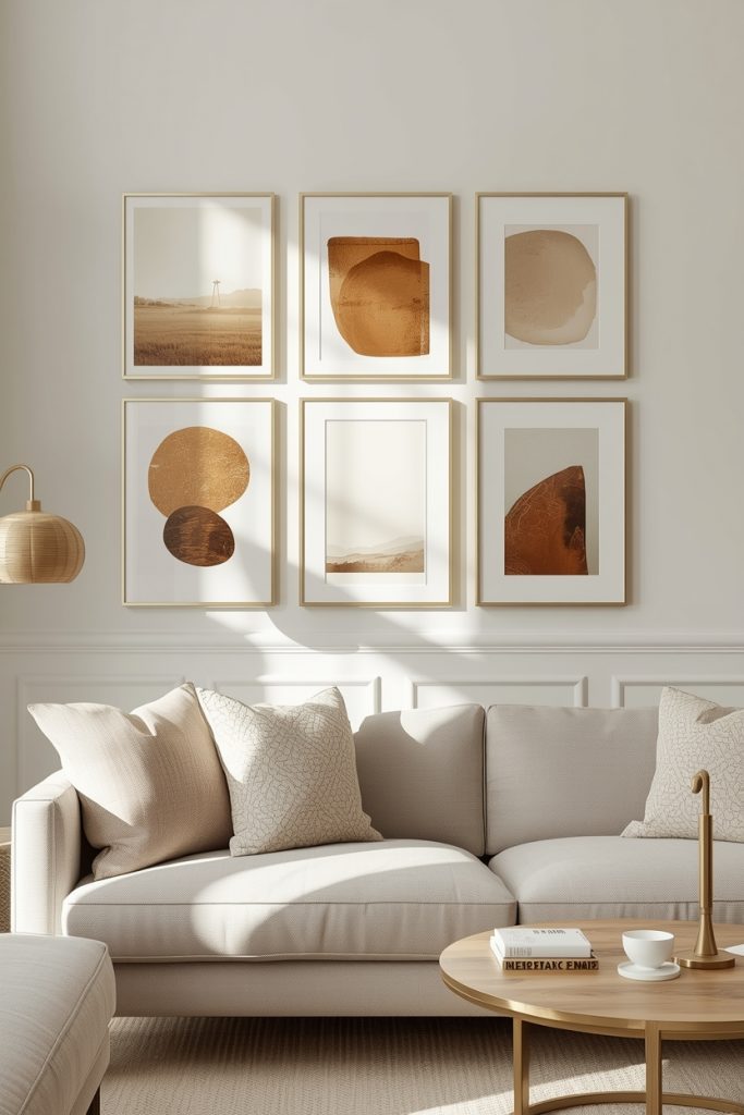 Gallery wall with warm-toned prints in brass frames above sofa in soft afternoon light
