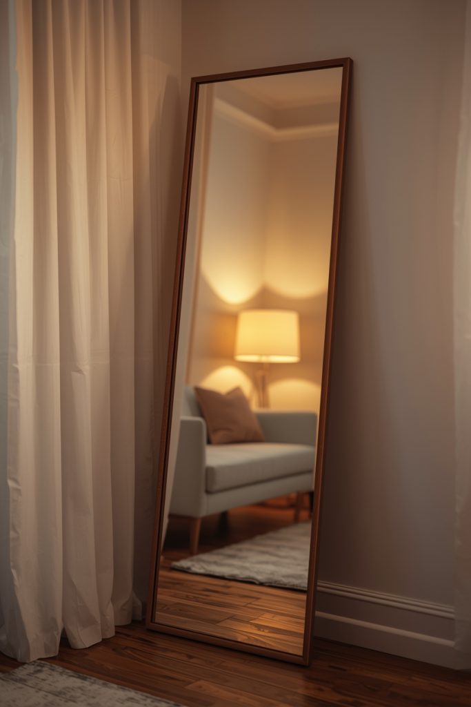 Large leaning mirror reflecting sofa and warm lamp in cozy studio with soft glow lighting