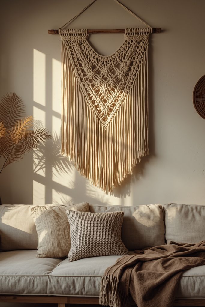 Macramé wall hanging above sofa with warm side light highlighting cotton fiber texture in cozy boho room