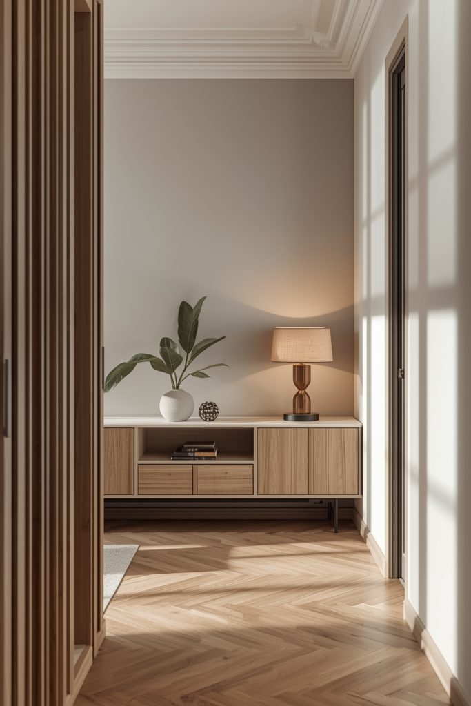 Low console bookcase used as half-wall with plant and lamp on top separating two warm natural light zones