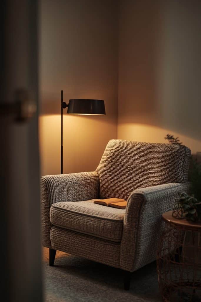Boucle chair reading corner with warm floor lamp, book on armrest, and golden evening glow