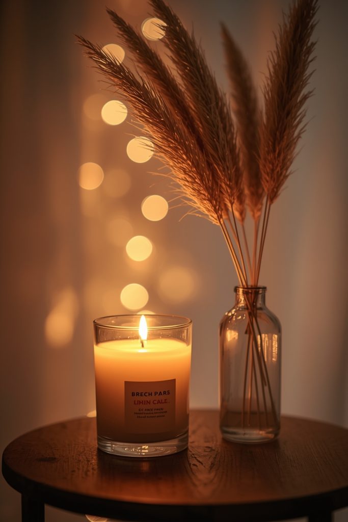 Lit candle and pampas stem on side table with warm candlelight and soft bokeh background