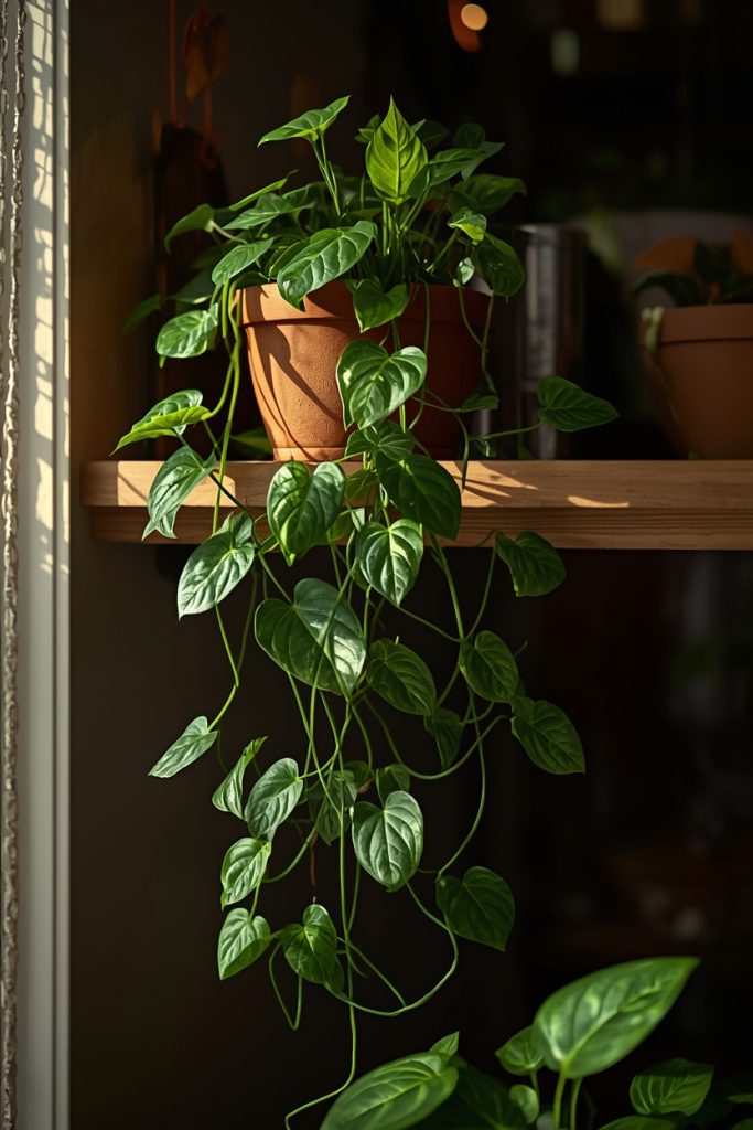 Trailing pothos in terracotta pot on high shelf with cascading leaves in warm natural side light