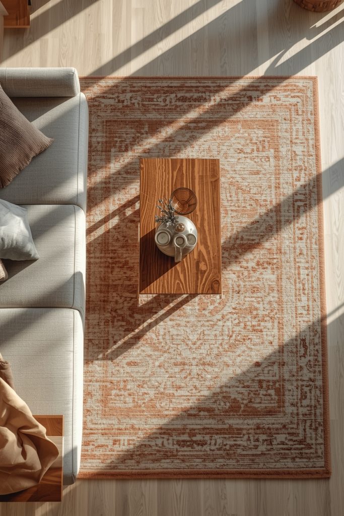 Area rug under sofa and coffee table viewed from above creating a clear cozy seating boundary in warm natural light