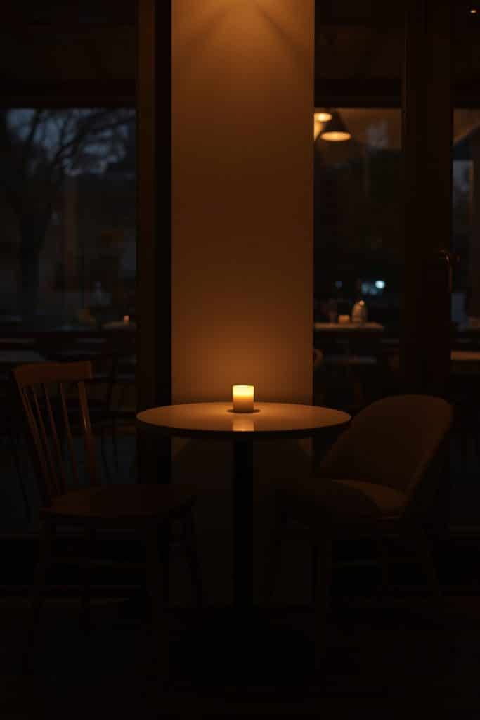 Small round dining table with candle centerpiece and mixed chairs in warm evening light