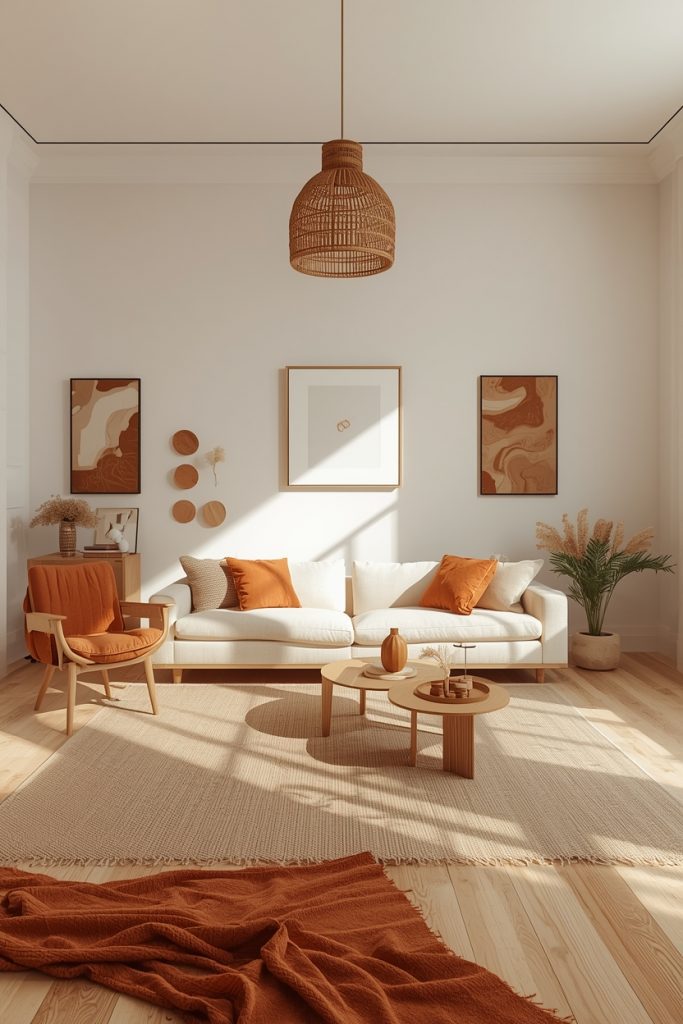 Warm neutral studio overview with cream, terracotta, wood, and oat tones in cozy cohesive interior
