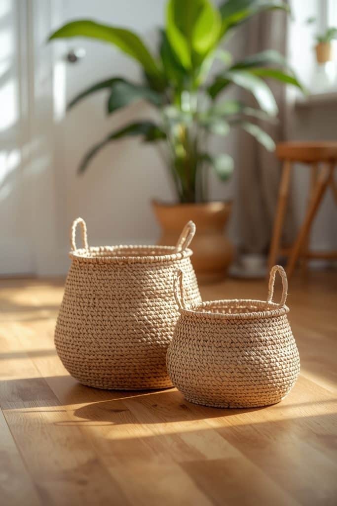 Stacked seagrass baskets on wooden floor with plant and natural light in warm organic interior