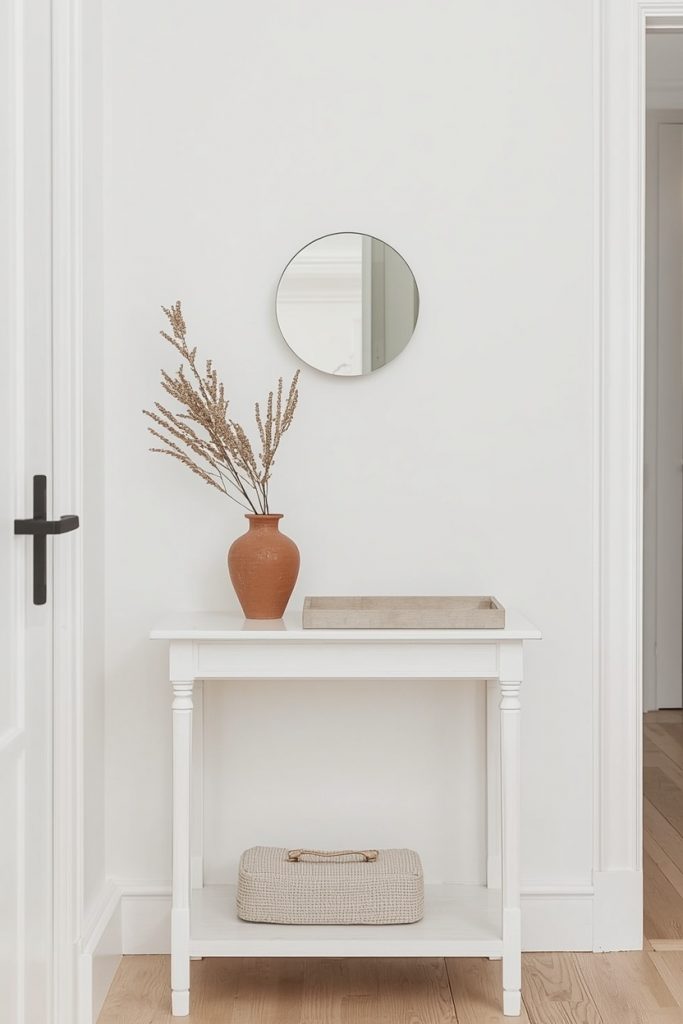White small console table in apartment entryway with terracotta vase linen tray and round mirror on white wall