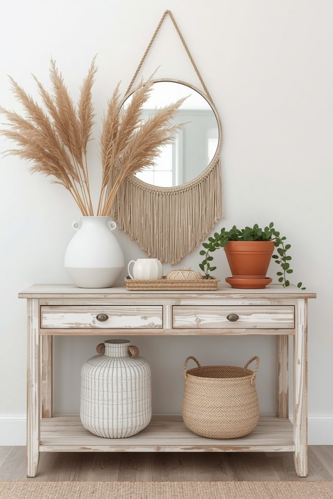 Bleached wood small console table in coastal boho entryway with pampas grass white vase jute tray and macrame mirror