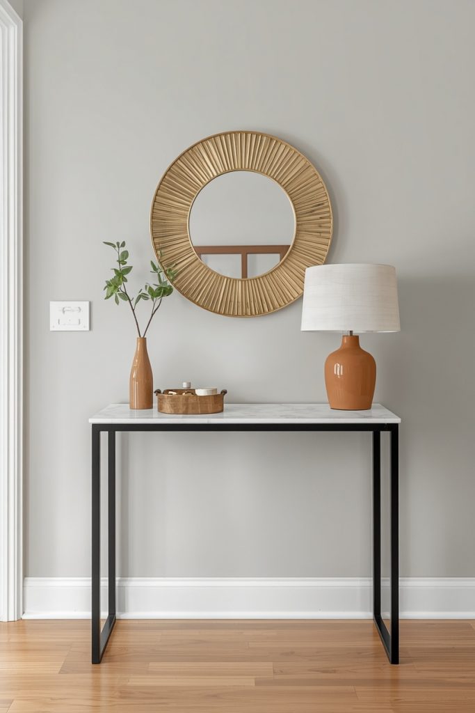 A budget-friendly entryway console setup features a simple table upgraded with a marble-look top and black legs. Above it hangs a refinished mirror, and the surface is styled with a lamp, small tray, and vase, creating a polished designer look on a low budget.