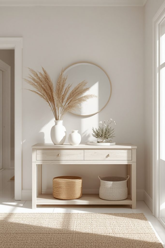 A coastal-inspired entryway features a light bleached wood console table styled with white ceramics, rattan accents, and natural dried botanicals. The soft, neutral tones and organic textures create a calm, airy, and relaxed atmosphere without nautical decoration.