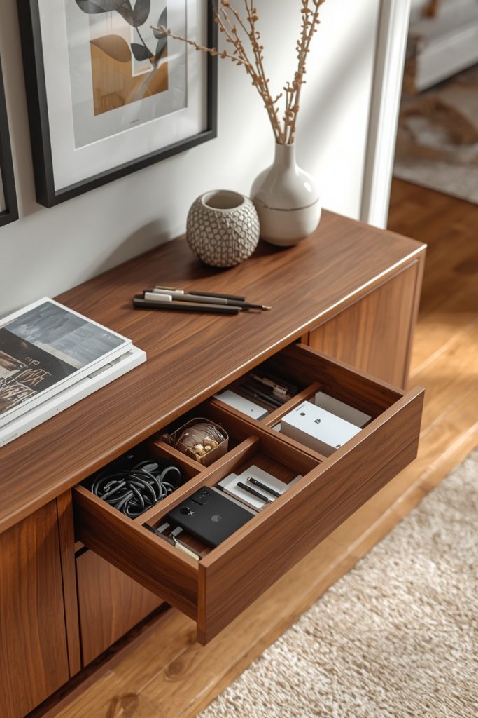 A modern console table with built-in drawers stands in a tidy entryway. One drawer is slightly open, showing neatly organized everyday essentials, while the tabletop remains clean and decorated with simple accessories for a polished, clutter-free look.