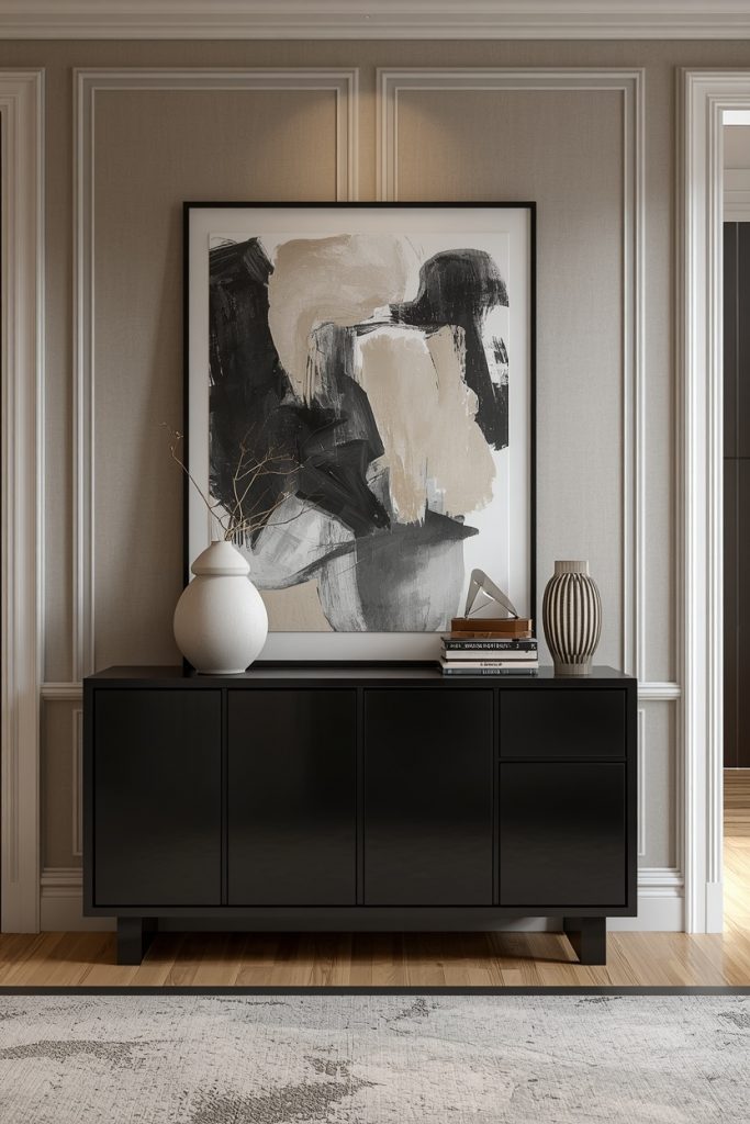 A dark charcoal console table anchors a stylish entryway, with a large abstract artwork casually leaning against the wall above it. The dramatic furniture and bold art create a sophisticated focal point with a relaxed, collected feel.