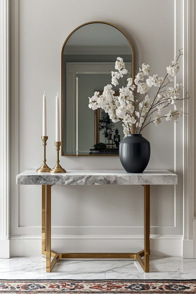 Marble top small console table with brass legs in modern entryway styled with brass accessories and arched mirror above