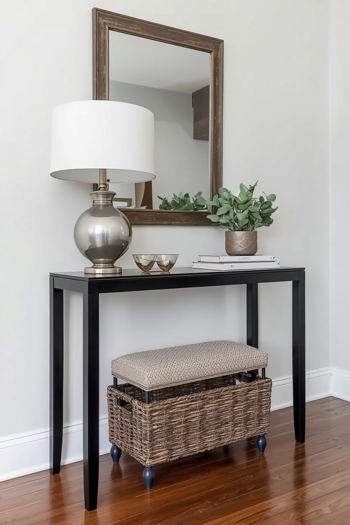 Budget small console table with painted black legs styled with thrift mirror lamp and plant in apartment entryway to look high end