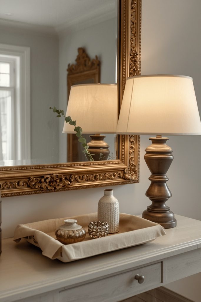 Entryway console table with large mirror, white ceramic table lamp, and linen tray for keys in neutral modern home