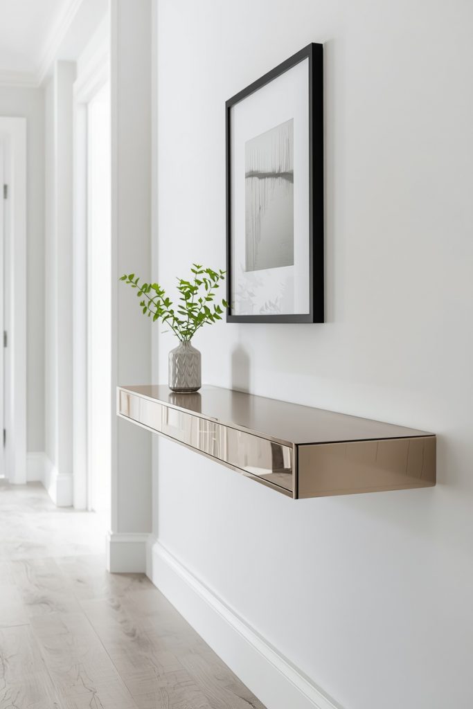 Floating wall mounted small console table in narrow hallway with clear floor open space below and single plant on surface