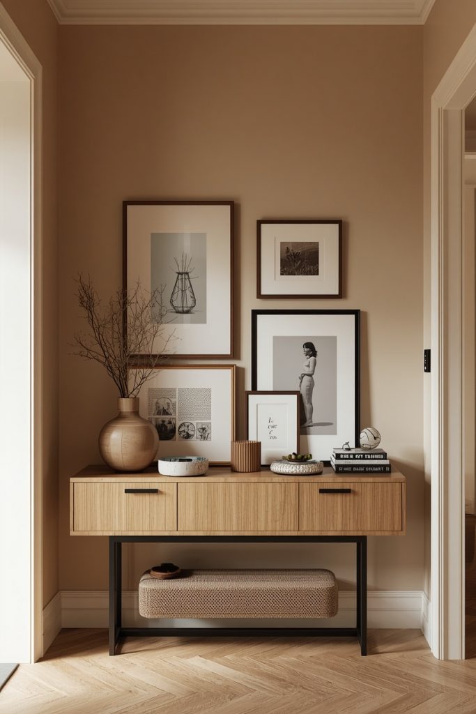 An entryway console table is styled beneath a layered gallery wall of framed artwork. Some frames are hung while others are casually leaned on the console, creating a relaxed, collected look with decorative objects adding warmth and depth.