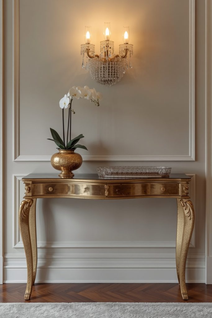 Gold brass mirrored small console table in glam entryway with tall white orchid gold vase crystal tray and wall sconce above