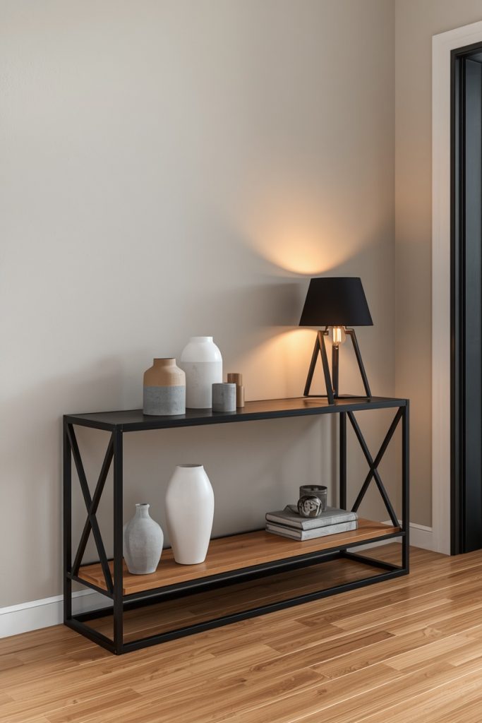 A minimalist black metal console table with a slim industrial frame stands in a modern entryway. It is styled with concrete décor, a warm wood accent, and soft white ceramics, creating a balanced industrial look that feels both clean and inviting.