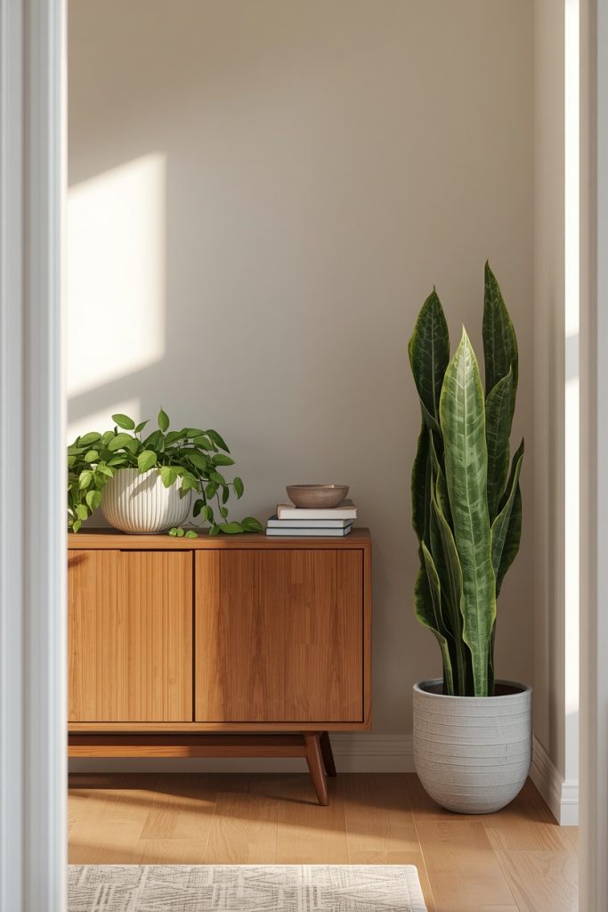 A wooden console table styled with layered greenery in a bright entryway. A trailing pothos plant sits on the tabletop while a tall snake plant stands beside it, creating a fresh, welcoming look with natural texture and depth.