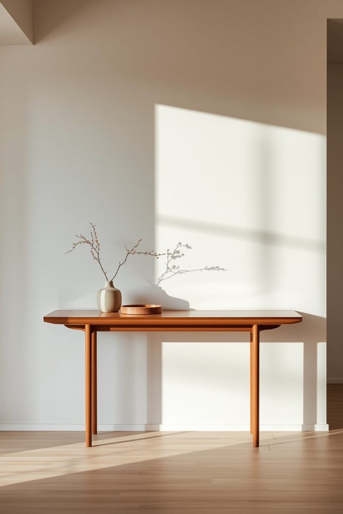Japandi style low profile small console table in minimalist entryway with single bud vase and ceramic tray on clean white wall