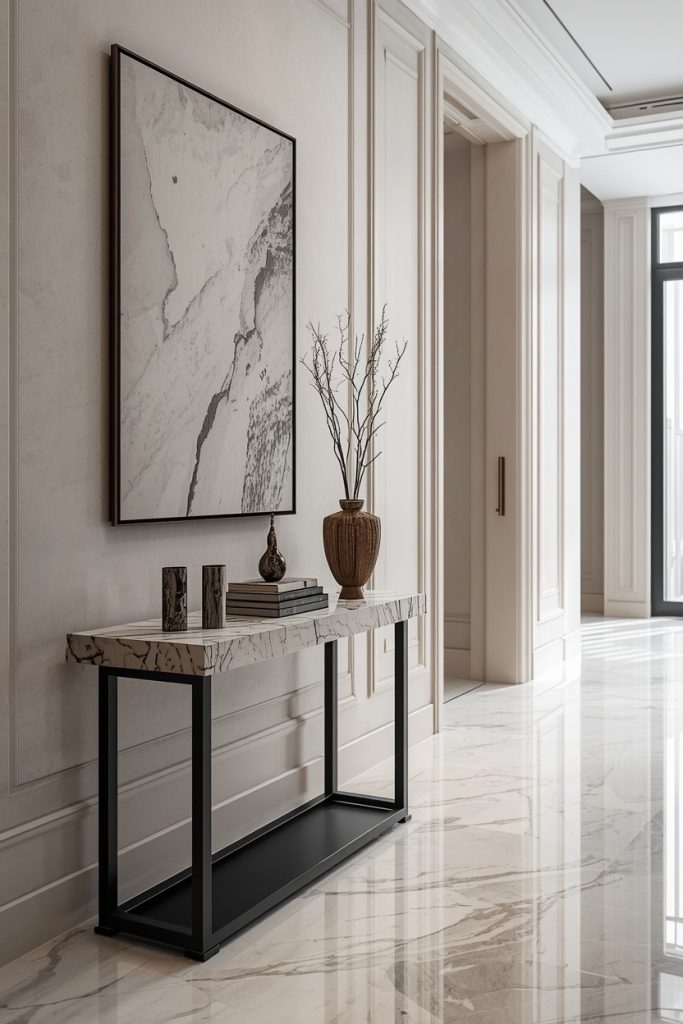 A luxurious entryway showcases a marble-top console table with elegant veining and a slim black metal base. Minimal decorative accents and clean contemporary styling create a refined, upscale first impression for guests.
