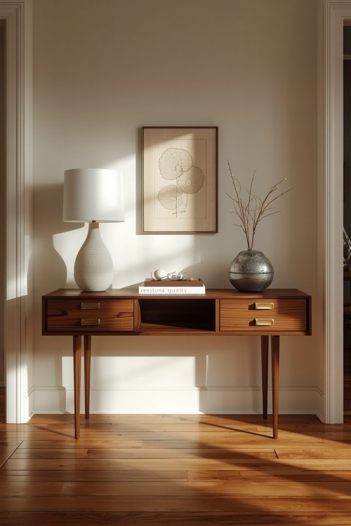A mid-century modern walnut console table with tapered legs and brass hardware stands in a stylish entryway. Decorative accents and the open space beneath the table create a light, elegant look that blends easily with a variety of interior design style.