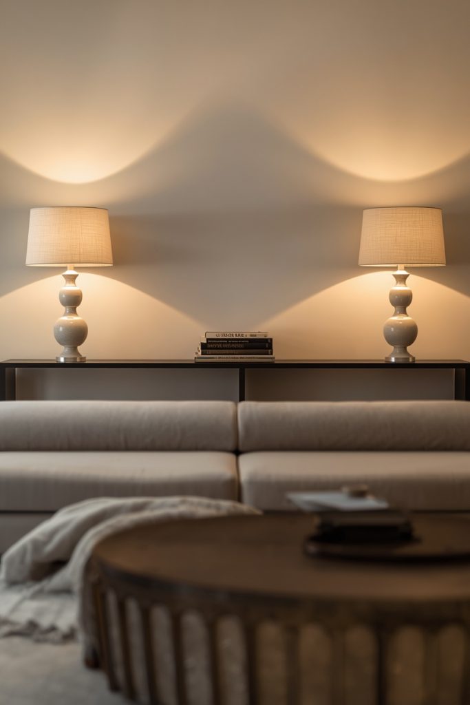 Narrow small console table behind sofa used as room divider with two matching lamps and stacked books in living room