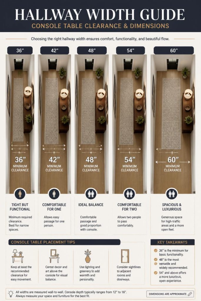 Small console table sizing guide showing hallway width and recommended console depth for narrow and standard entryways