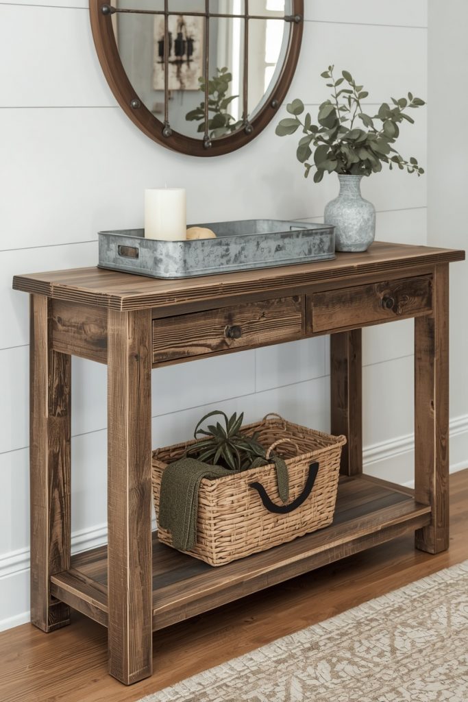 Rustic reclaimed wood small console table in farmhouse entryway with galvanized tray chunky candle and woven basket on lower shelf