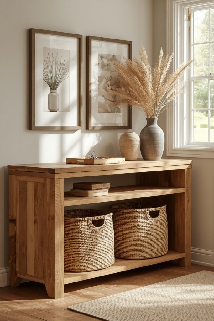 A rustic wood console table with an open lower shelf holds two woven rattan storage baskets in a warm, family-friendly entryway. Decorative accents on the tabletop and natural textures throughout the space create an organized, inviting look while keeping everyday items hidden from view.