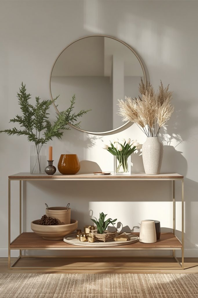 A stylish entryway console table decorated with rotating seasonal accents such as pinecones and candles for fall, evergreen sprigs for winter, fresh flowers for spring, and succulents for summer. The furniture stays constant while small décor items change to reflect each season.
