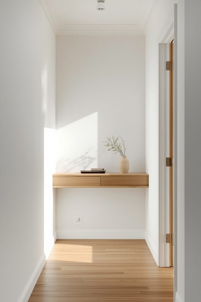 A slim floating wall-mounted console in a narrow hallway, featuring a light wood finish, a small key tray, and a decorative vase. The open floor beneath the console creates a spacious, uncluttered look while maximizing functionality in a compact entryway.