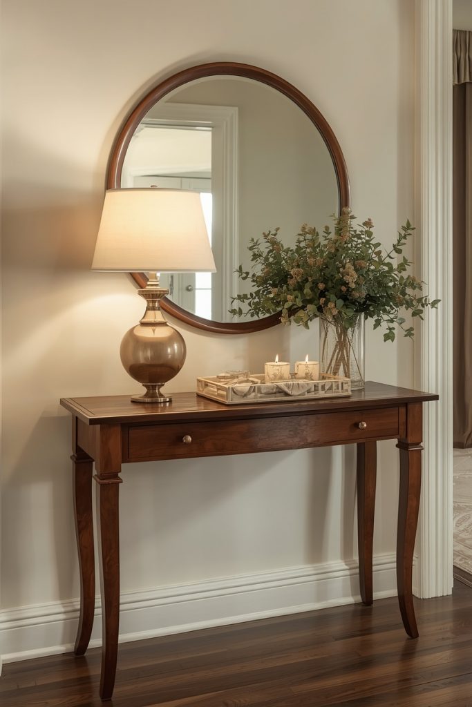 Slim solid wood small console table with tapered legs in entryway styled with round mirror and table lamp