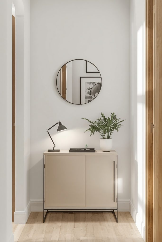 A small apartment entryway features a compact console table styled with just a lamp, a single plant, and a tray. A mirror and minimal wall art above use vertical space, keeping the narrow area functional, clean, and uncluttered.