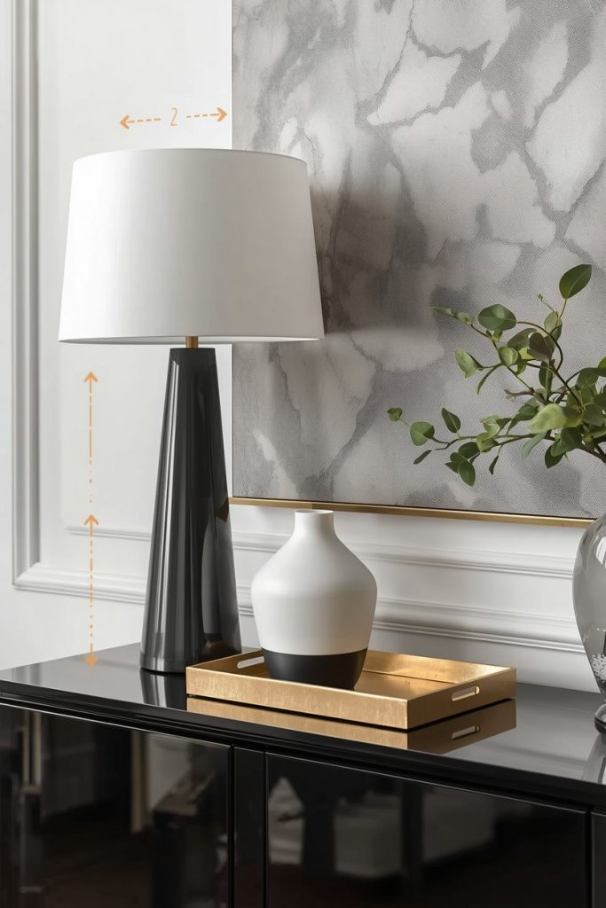 Small console table styling formula showing rule of three with tall medium and short items creating visual height gradient