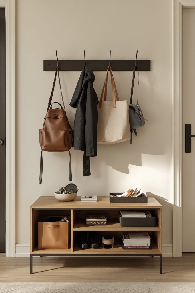 An organized entryway drop zone featuring a console table with a key tray, mail organizer, and small bowl for loose change. Wall hooks above hold coats and bags, creating a practical, clutter-free space where everyday essentials have a dedicated place.