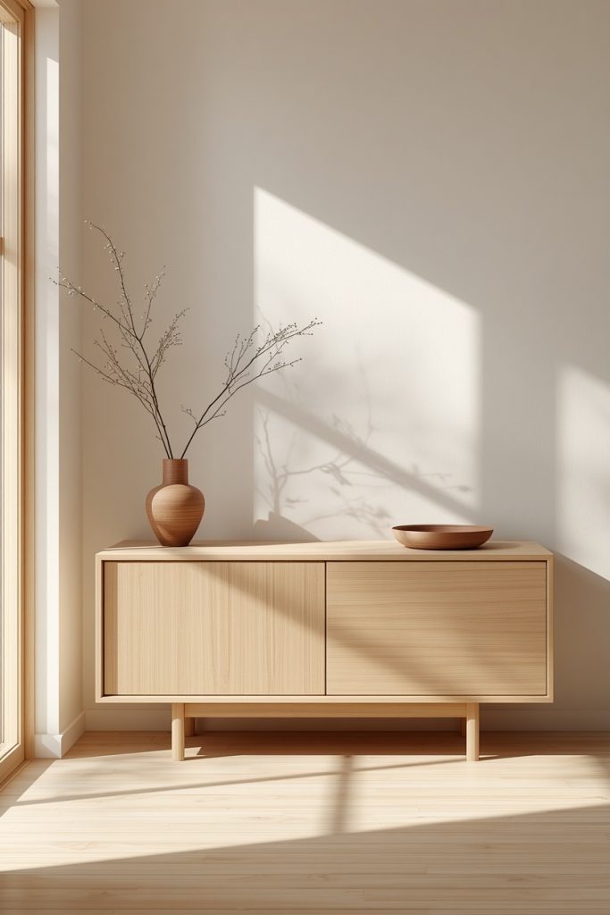 A warm Japandi-style entryway features a simple light wood console table styled with a single bud vase and ceramic tray. The uncluttered design and empty wall space create a calm, minimalist atmosphere that feels peaceful and intentional.