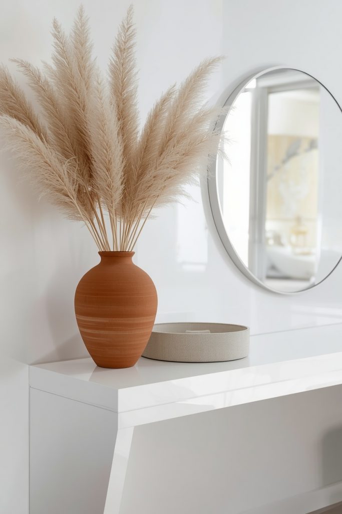 White minimalist entryway console table styled with terracotta vase, pampas grass, and round mirror in clean modern hallway